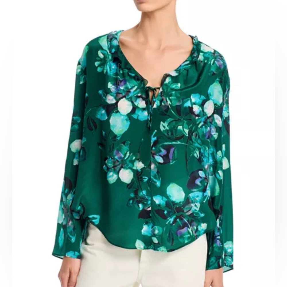 Johnny Was Green Floral Tie-Neck Blouse, L. NWT.